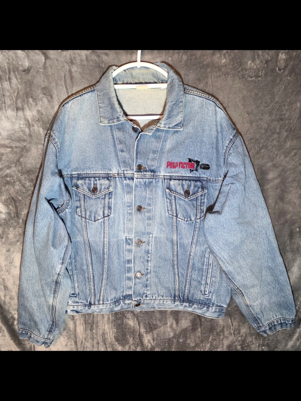Vintage Pulp Fiction Embroidered Light Wash Denim Jacket